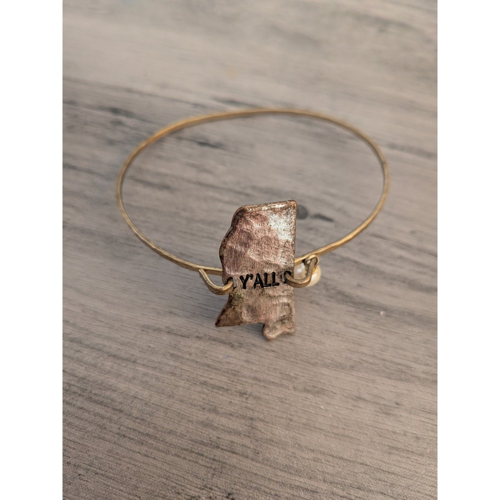 Mississippi YALL State Charm Bangle Bracelet Bronze Tone Pearl‎ Accent Southern